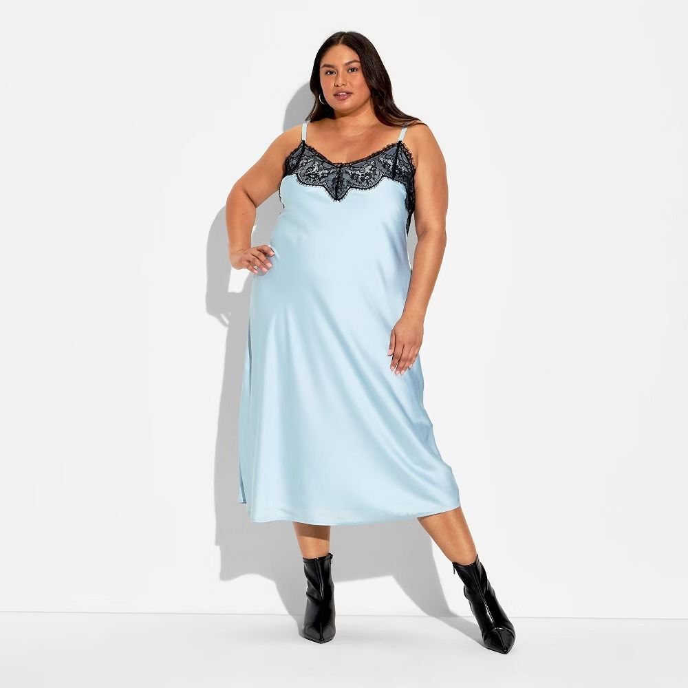 Women's Sleeveless Lace Trim Satin Midi A-Line Dress Wild Fable Blue XXL